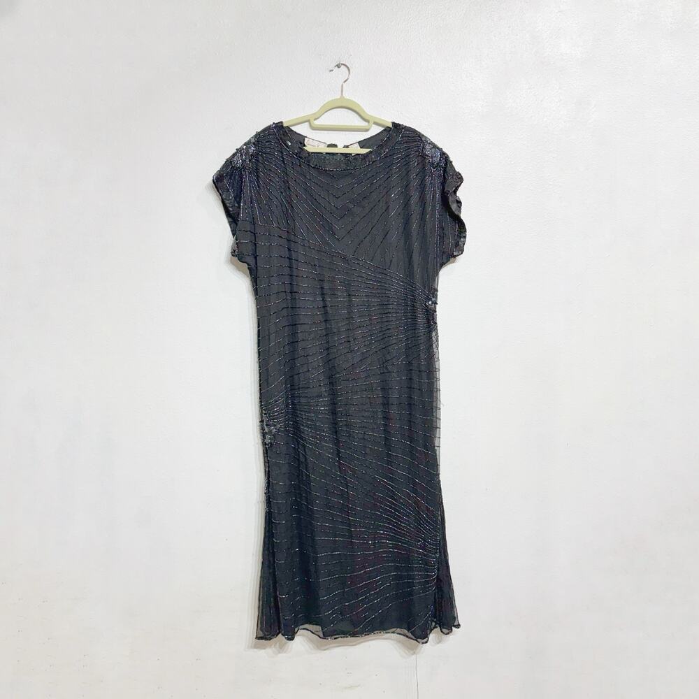 Laurence Kazar New York Black Silk Beaded Vintage Maxi Gown Sz 3X - Picture 2 of 11